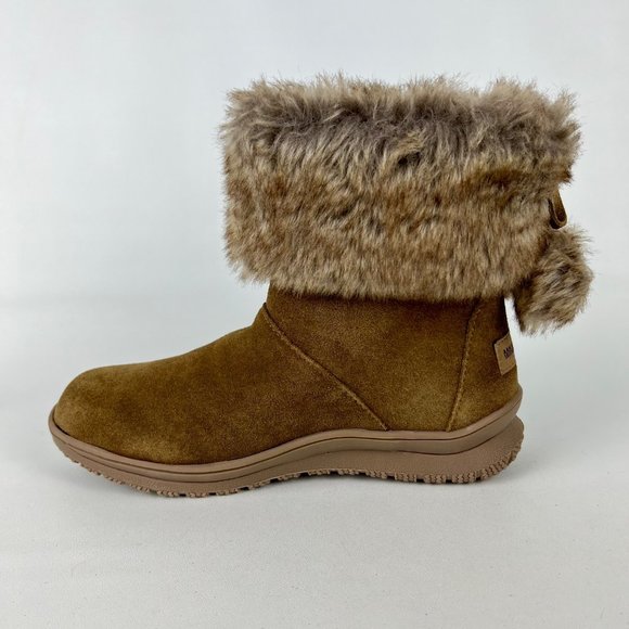 Minnetonka Somerville Womens Brown Suede Ankle Boot Faux Fur Cuff Pom Pom size 8 - Picture 7 of 13